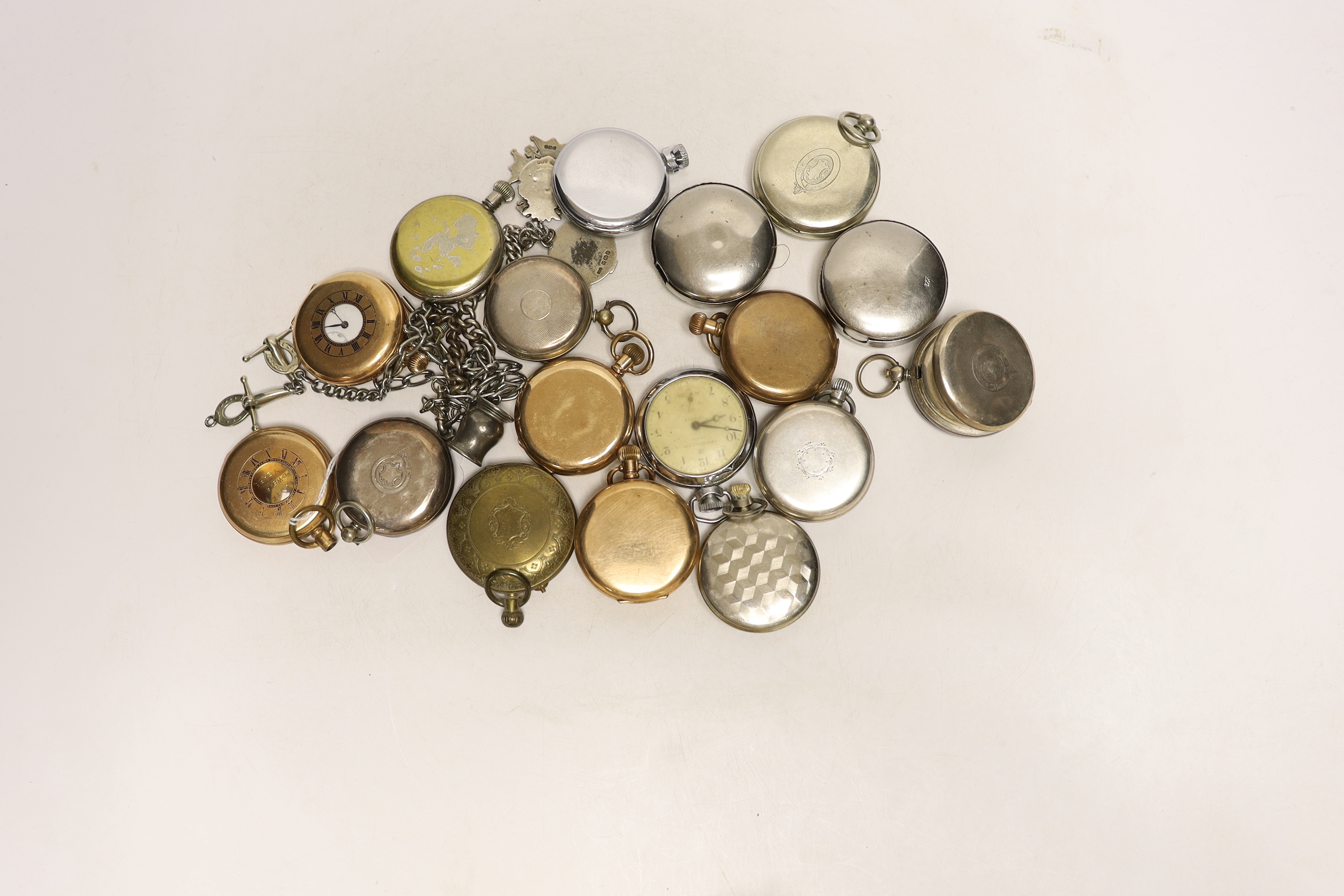 A collection of assorted pocket watches, including Waltham gold plated and three other gold plated, two white metal, including Irish silver by Donegan, together with a silver albert, etc.
